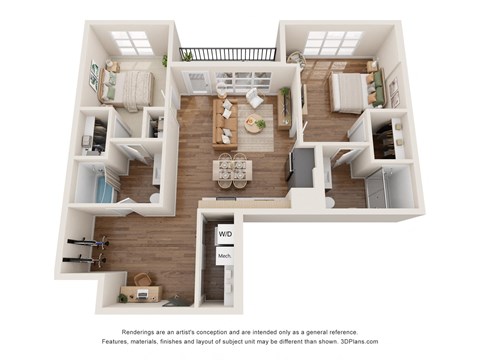 a stylized floor plan with a bedroom and living room